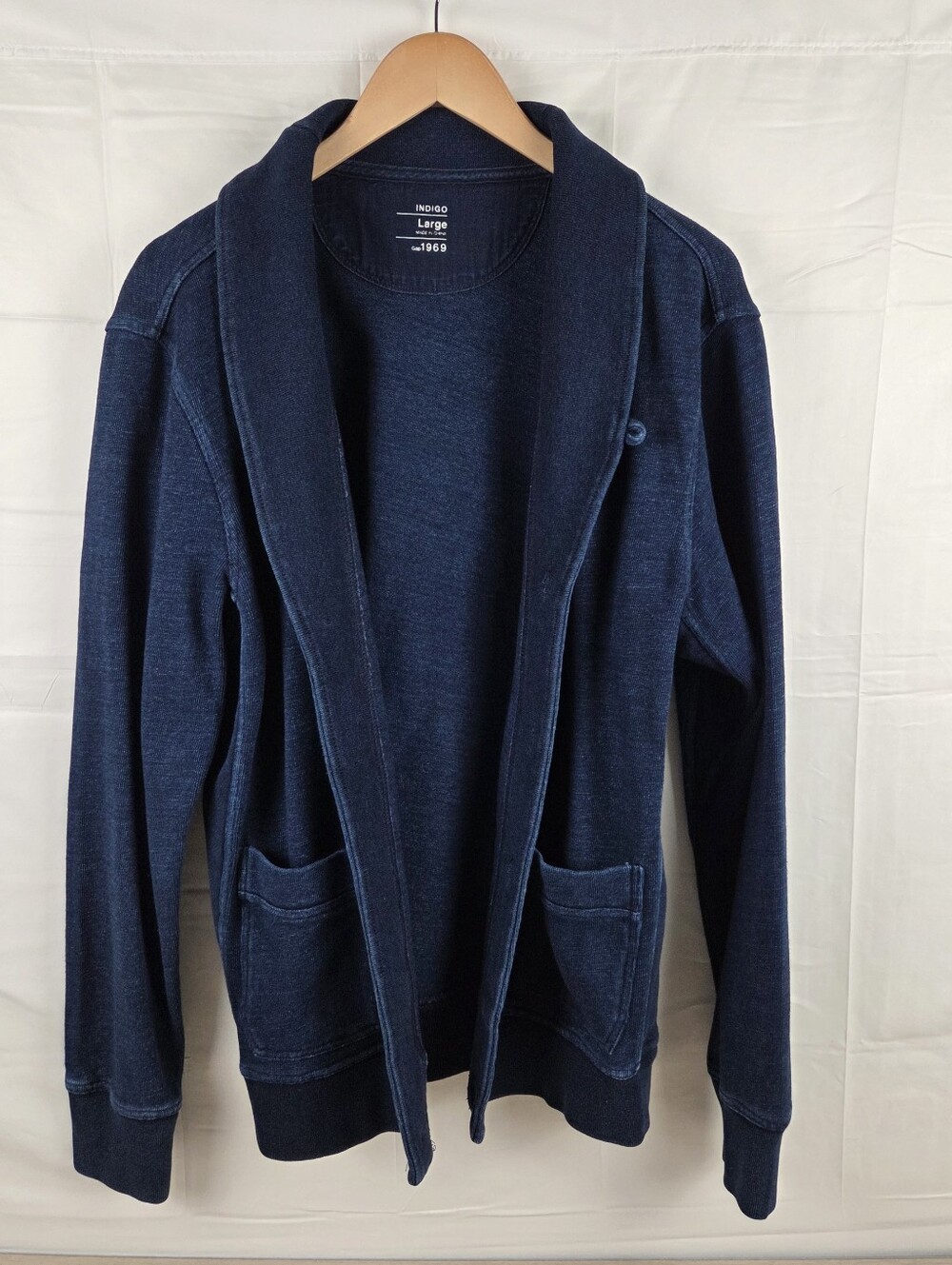 Gap Indigo Shawl Cardigan Mens Large Blue Front Pockets Heavy Denim Cotton